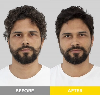 Before and after images of men's brown hair and beard dye. 5-star review for a natural, soft color that blends perfectly. Easy to use and long-lasting.