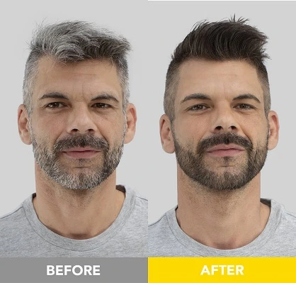 Men's dark blonde hair and beard dye before and after. 5-star review for quick application, even coverage, and a naturally blended tone.