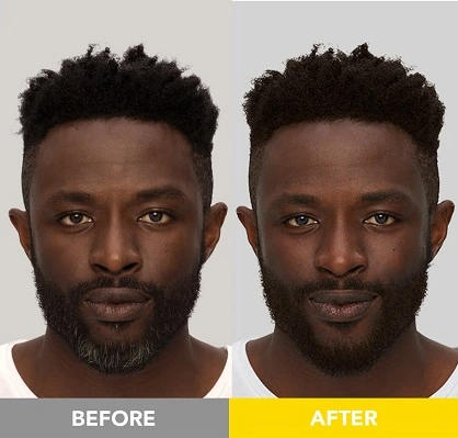 Men's dark brown hair and beard dye before and after. 5-star review for superior gray coverage, long-lasting effect, and a deep, natural shade.