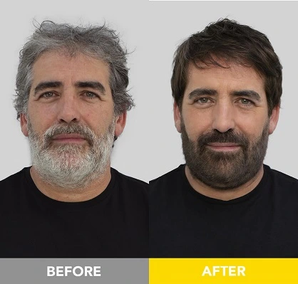 Before and after of men's jet black hair and beard dye. 5-star review for a bold, rich color that lasts longer and is better than Just For Men.