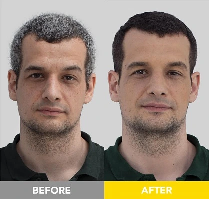 Before and after of men's medium brown hair and beard dye transformation. 5-star review for long-lasting, natural results. Easy to apply and great for sensitive skin.