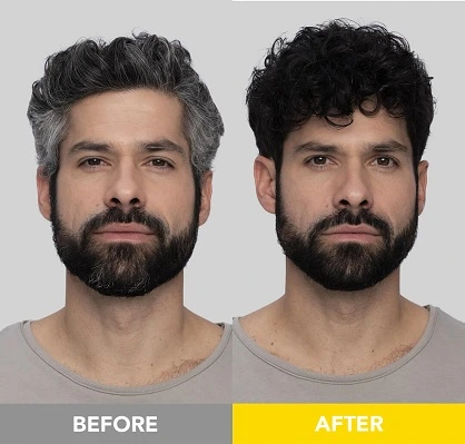 Before and after images of men's medium brown hair and beard dye. 5-star review for customized color matching, long-lasting coverage, and easy use.