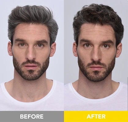 Men's soft black hair and beard dye before and after. 5-star review for a gentle formula, easy application, and a smooth, natural result.