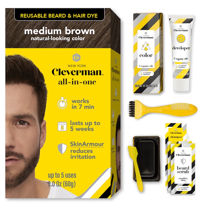 Cleverman Medium Brown Hair & Beard Dye – quick and effective gray coverage, 100% customizable