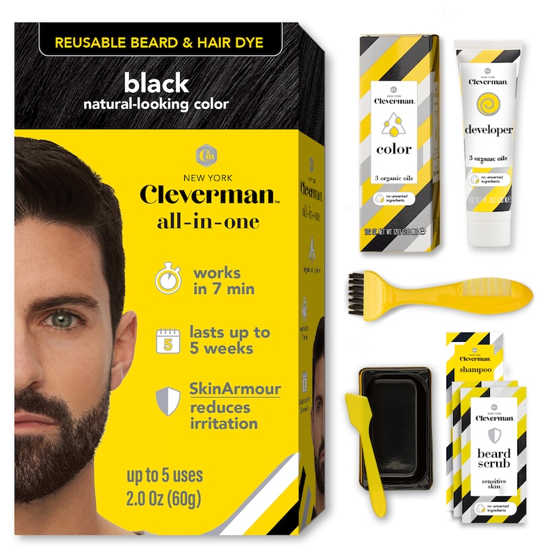 Cleverman Natural Black Hair & Beard Dye – deep black tone with a natural finish, non-drip formula, 100% vegan