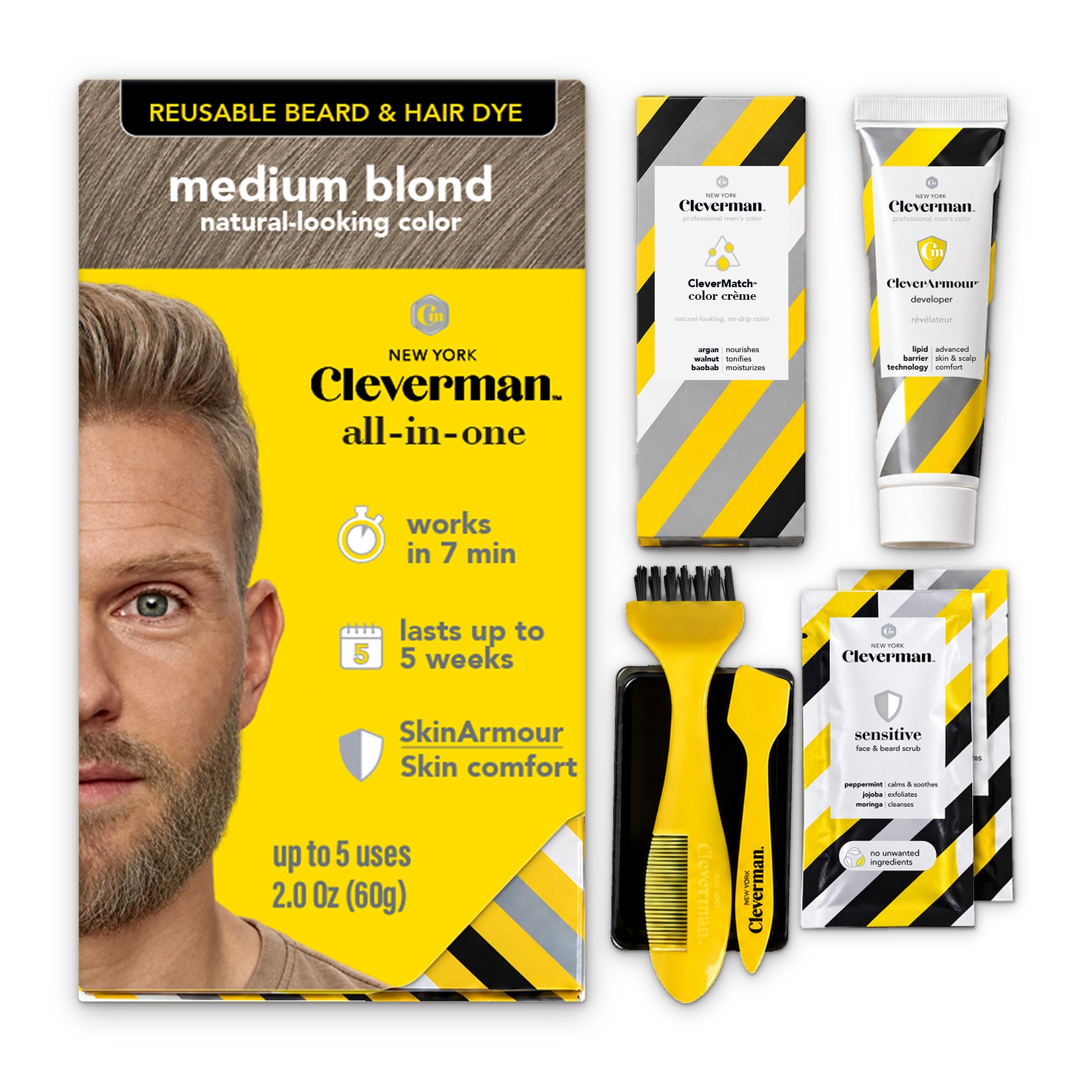 Cleverman Medium Blond Hair & Beard Dye – precise gray coverage, natural-looking results, and enriched with organic oils