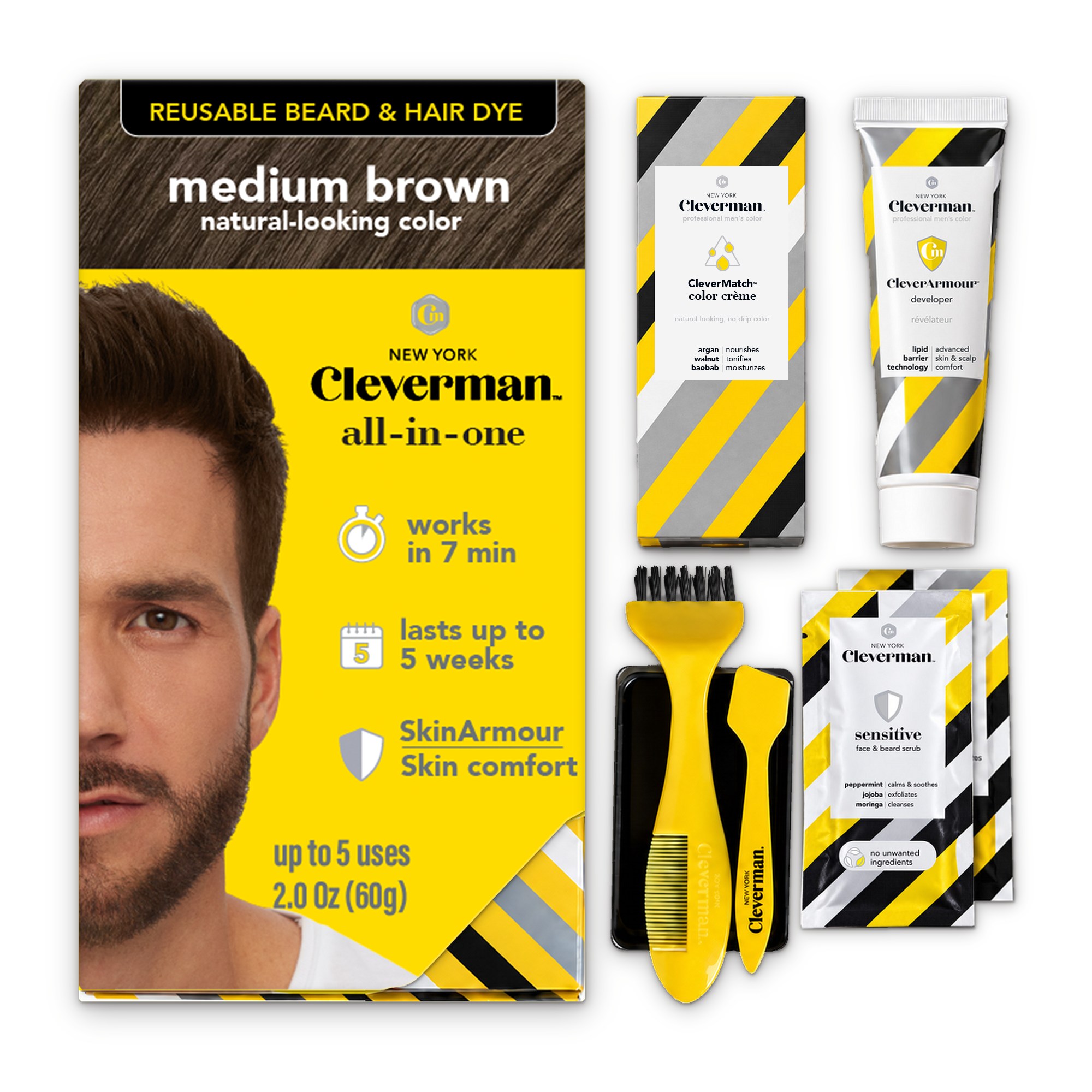 Cleverman Medium Brown Hair & Beard Dye – quick and effective gray coverage, 100% customizable