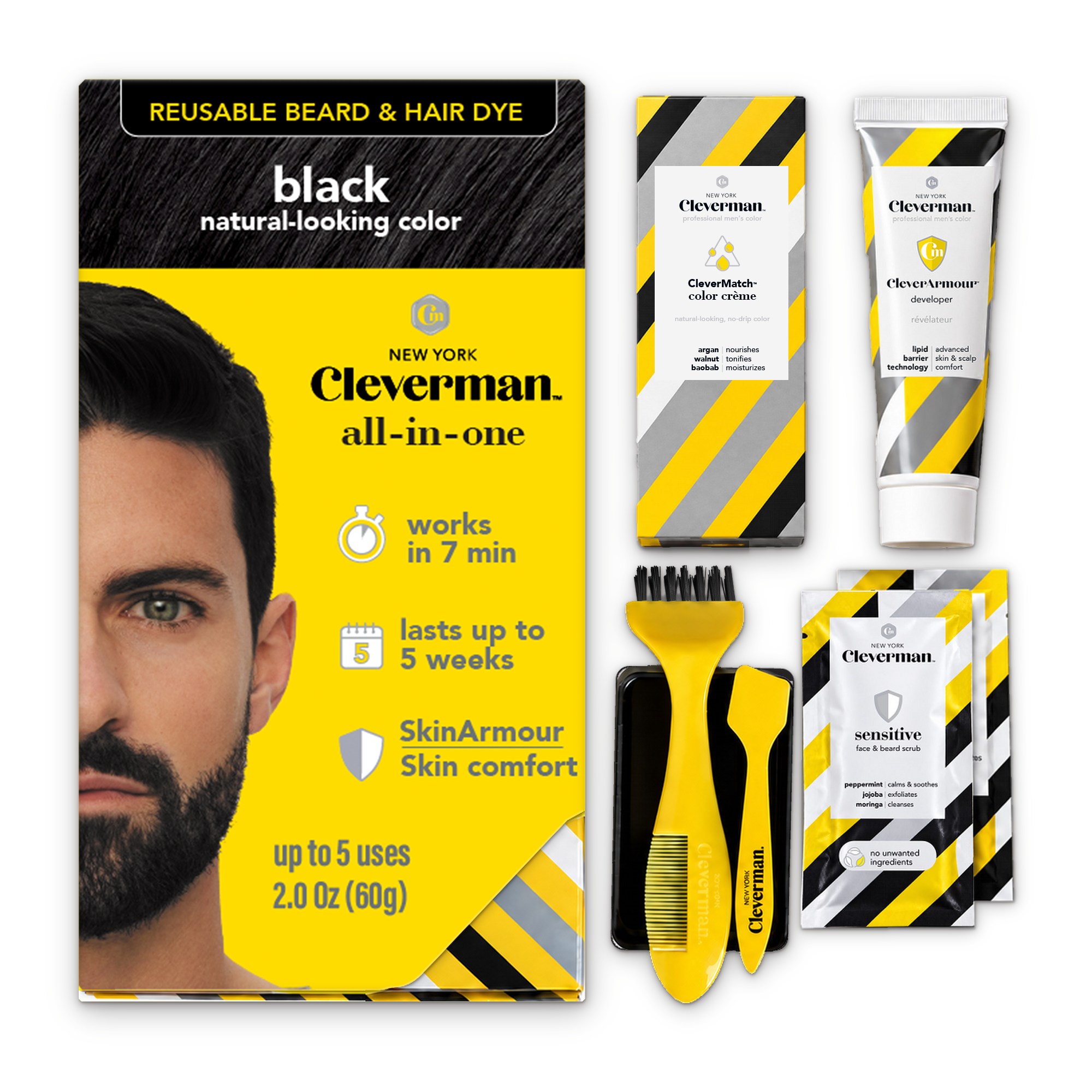 Cleverman Natural Black Hair & Beard Dye – deep black tone with a natural finish, non-drip formula, 100% vegan