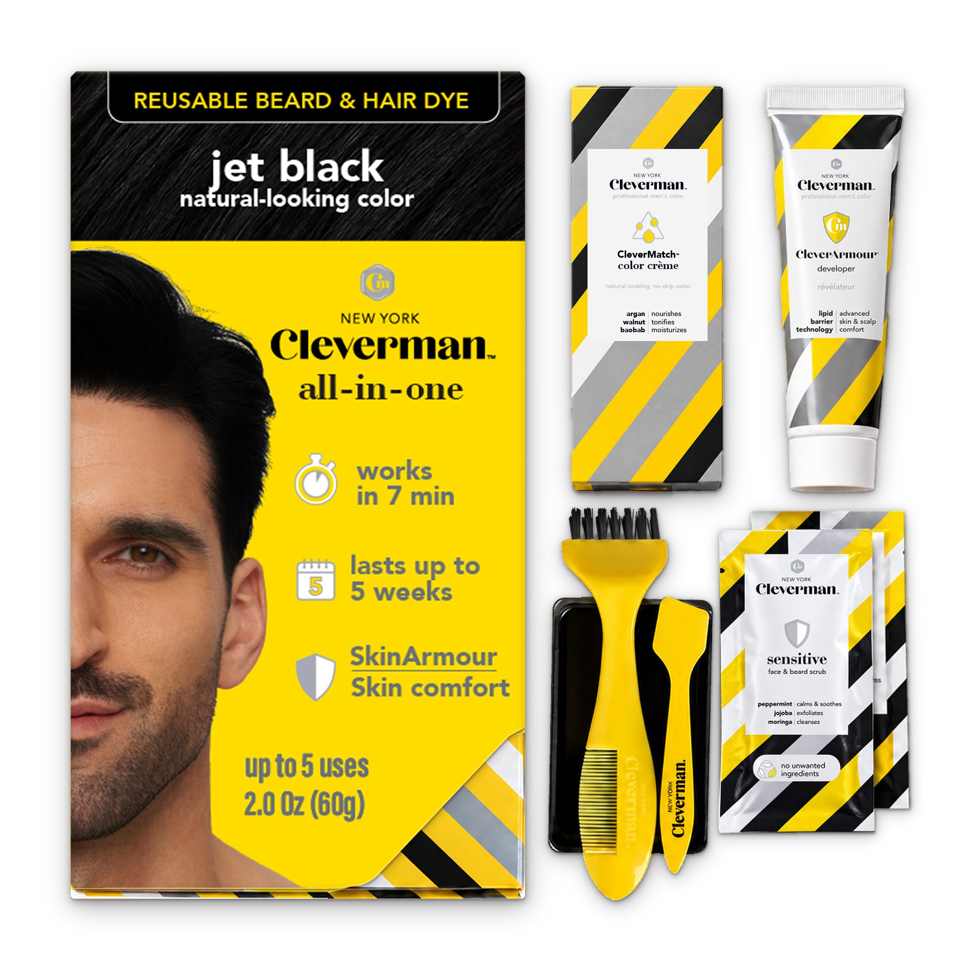 Cleverman Jet Black Hair & Beard Dye – salon-quality black color for men, smooth, even application with organic oils
