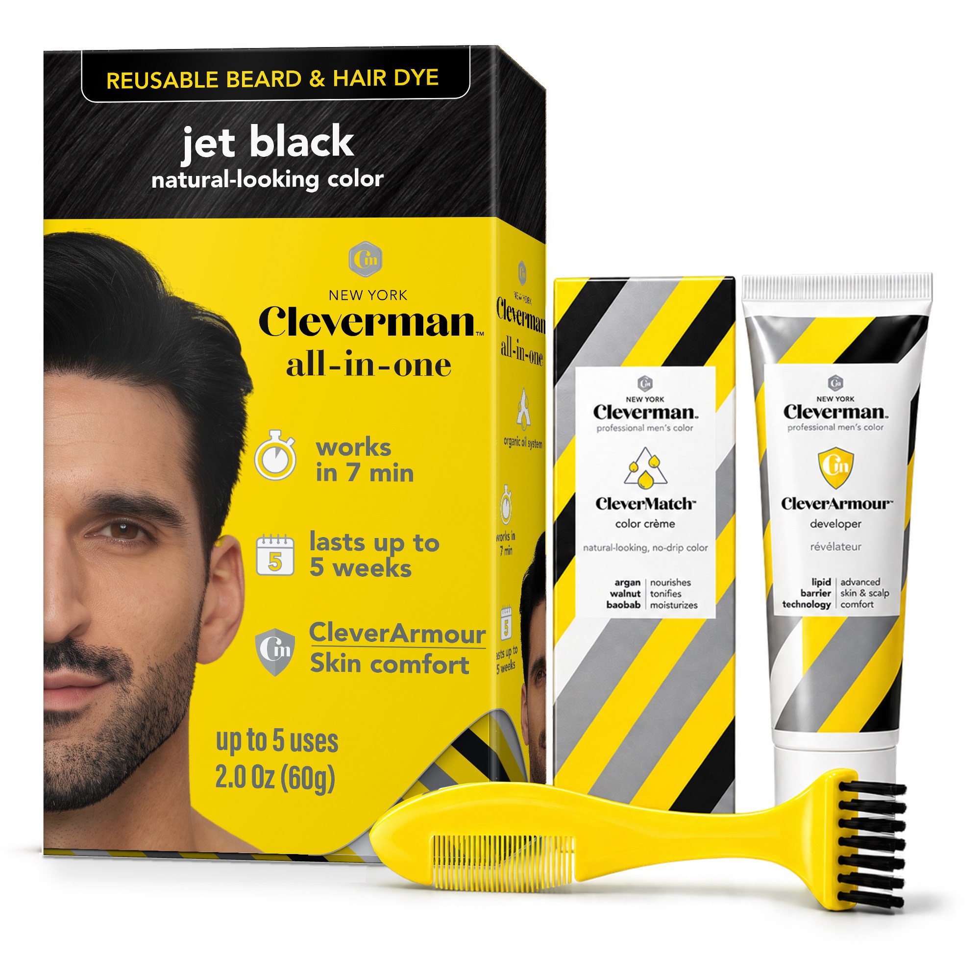 Cleverman Jet Black Hair & Beard Dye – salon-quality black color for men, smooth, even application with organic oils
