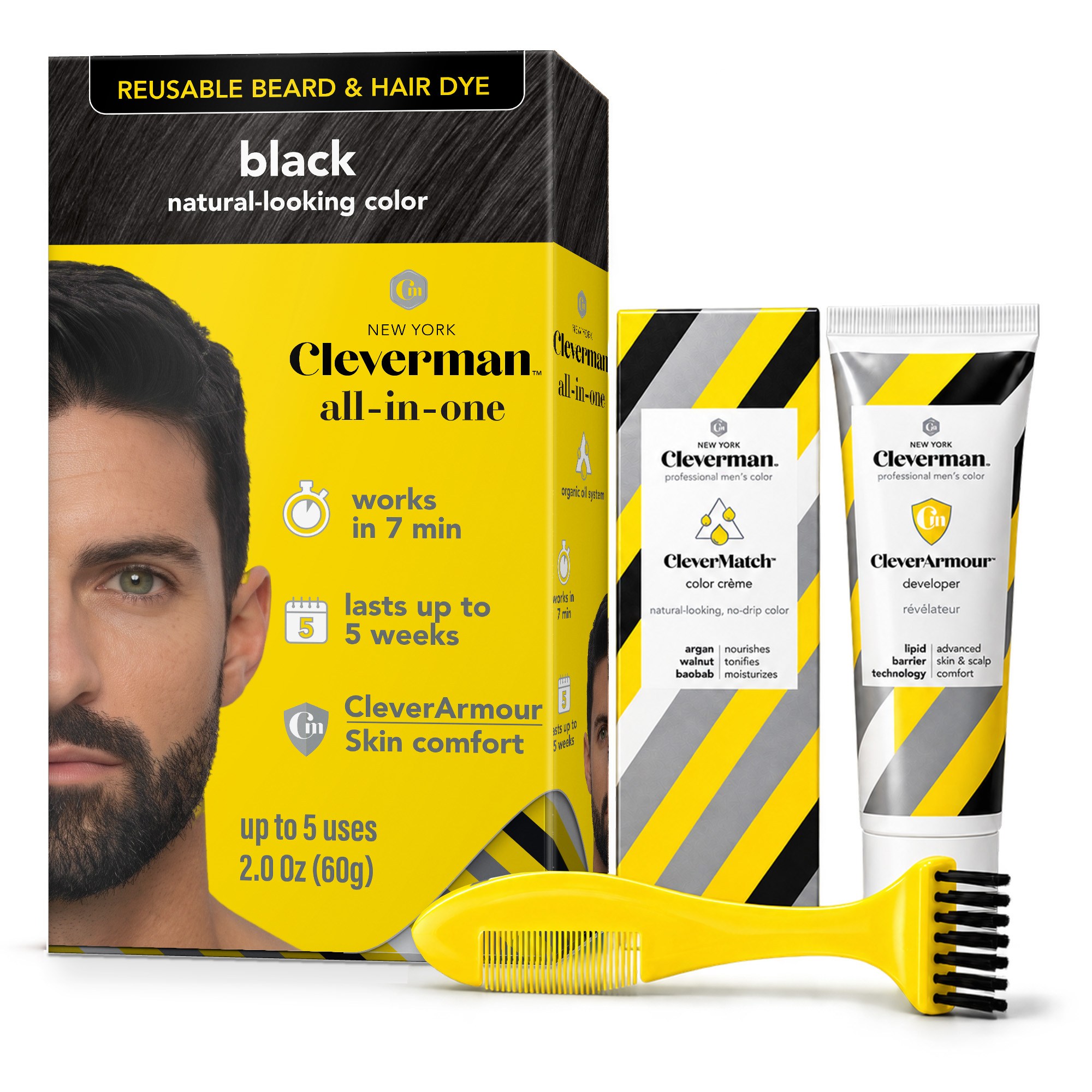 Cleverman Natural Black Hair & Beard Dye – deep black tone with a natural finish, non-drip formula, 100% vegan