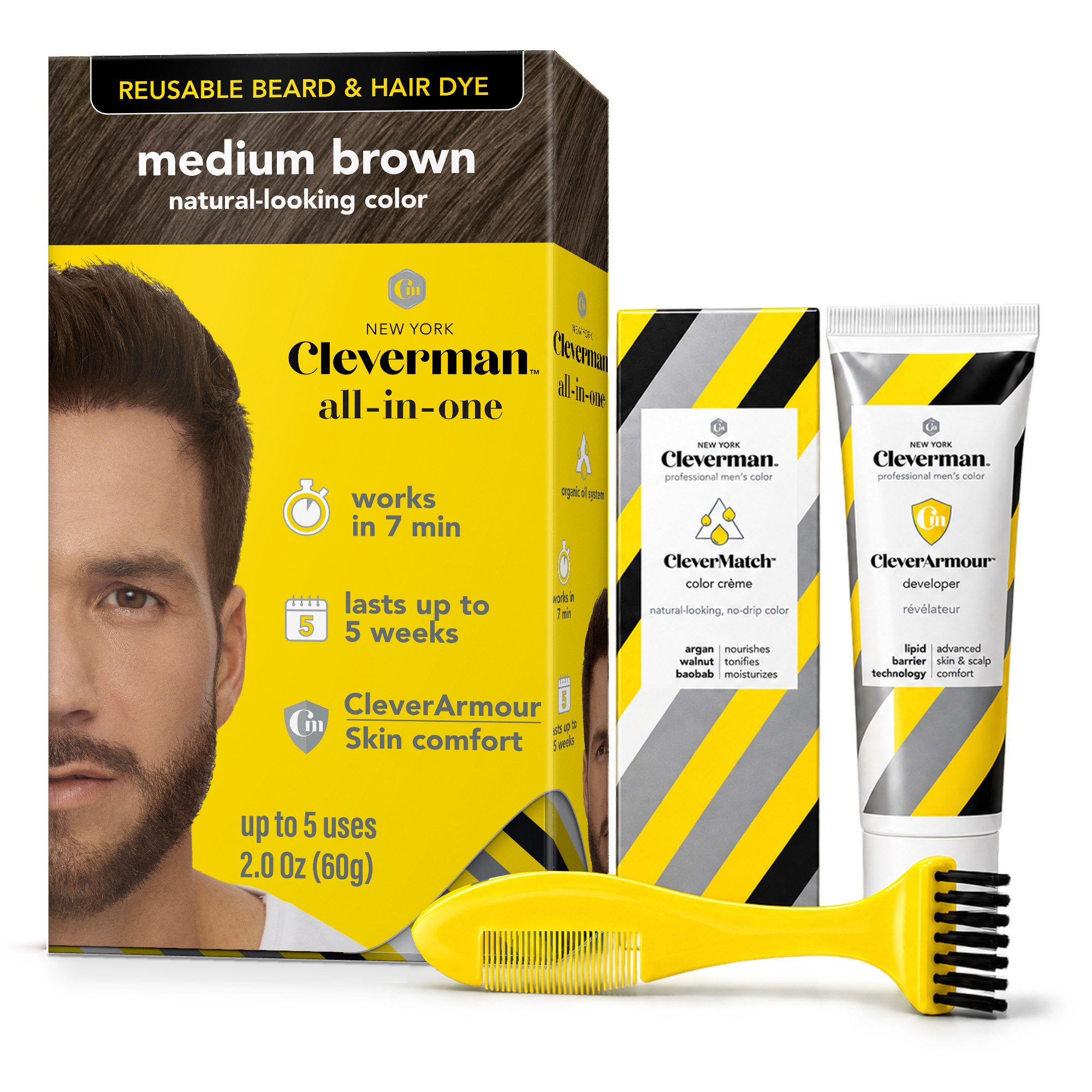 Cleverman Medium Brown Hair & Beard Dye – quick and effective gray coverage, 100% customizable