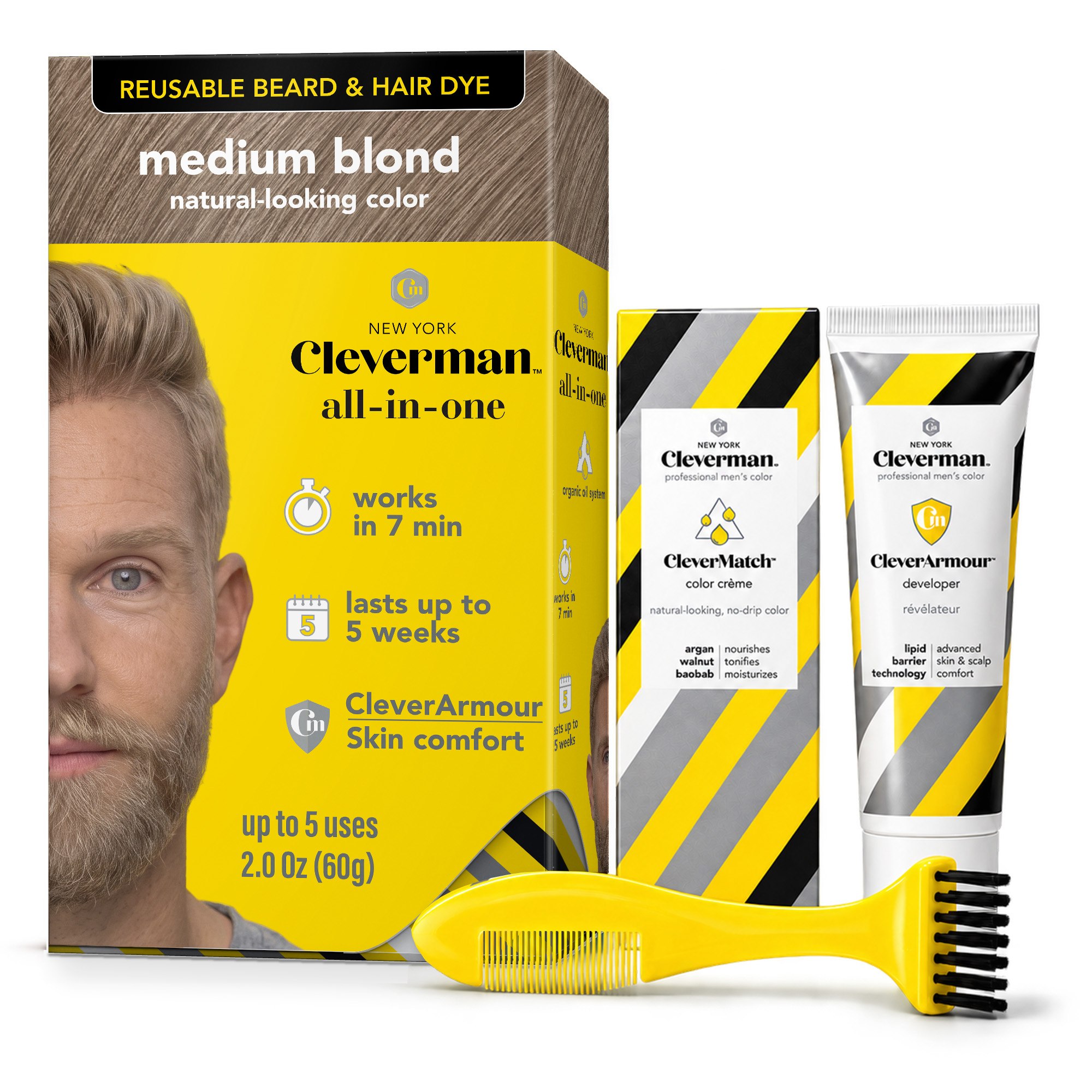 Cleverman Medium Blond Hair & Beard Dye – precise gray coverage, natural-looking results, and enriched with organic oils